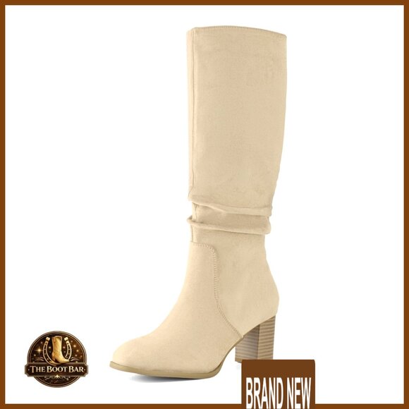 Shoes - Knee High Boots Suede Chunky Heel Square Toe Slouchy Side Zipper Dress Shoes